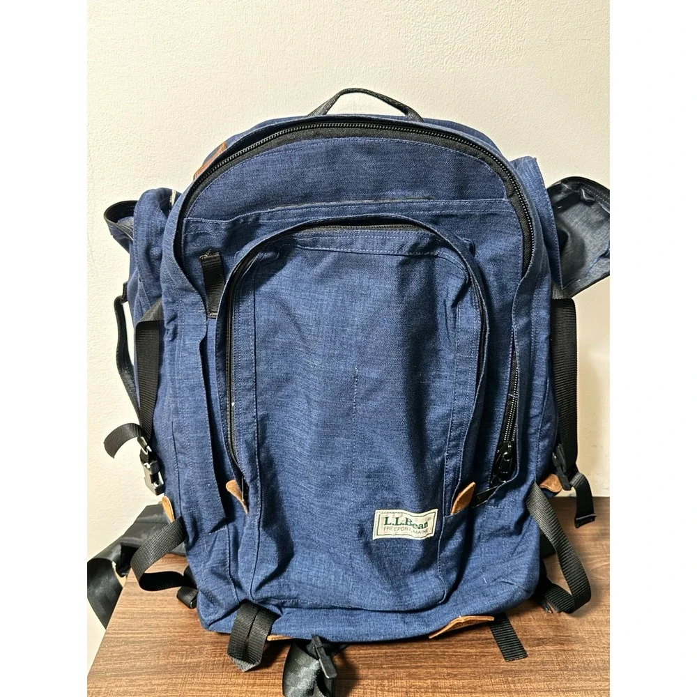 Vintage LL Bean Nylon Leather Continental Rucksack Blue Convertible Backpack